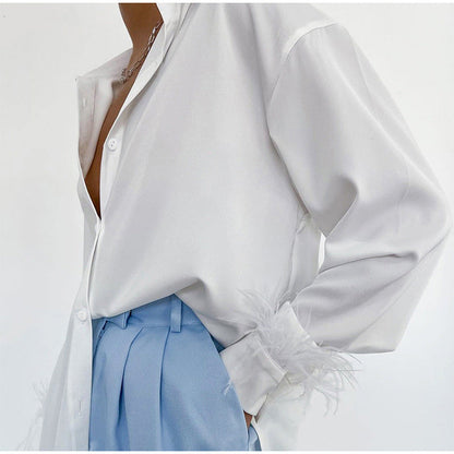 Women's Blouse Elegant Feather Neckline Satin