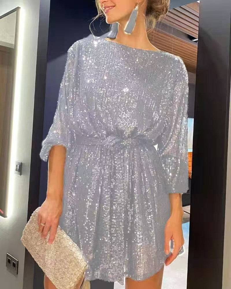 Sparkly Mini Dress for Women, Elegant, Long-Sleeved