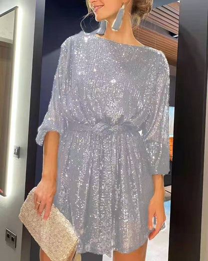 Sparkly Mini Dress for Women, Elegant, Long-Sleeved