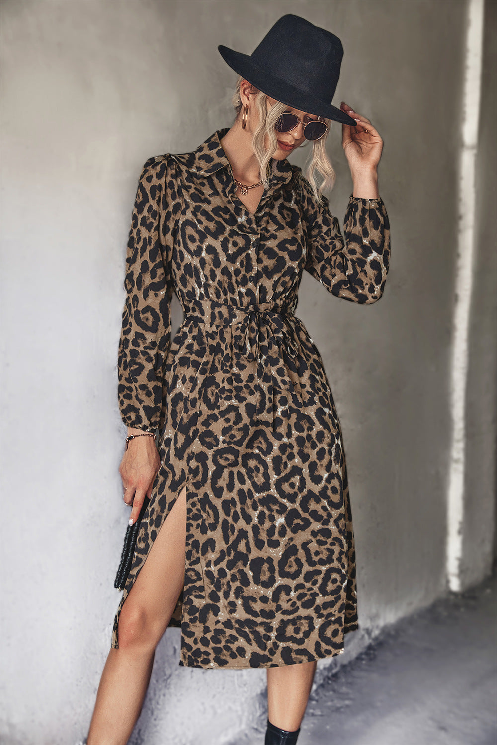 Women's Leopard Midi Dress Elegant Slit Design