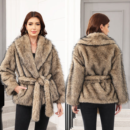 Women's Faux Fur Coat Chic with Belt and Wide Collar