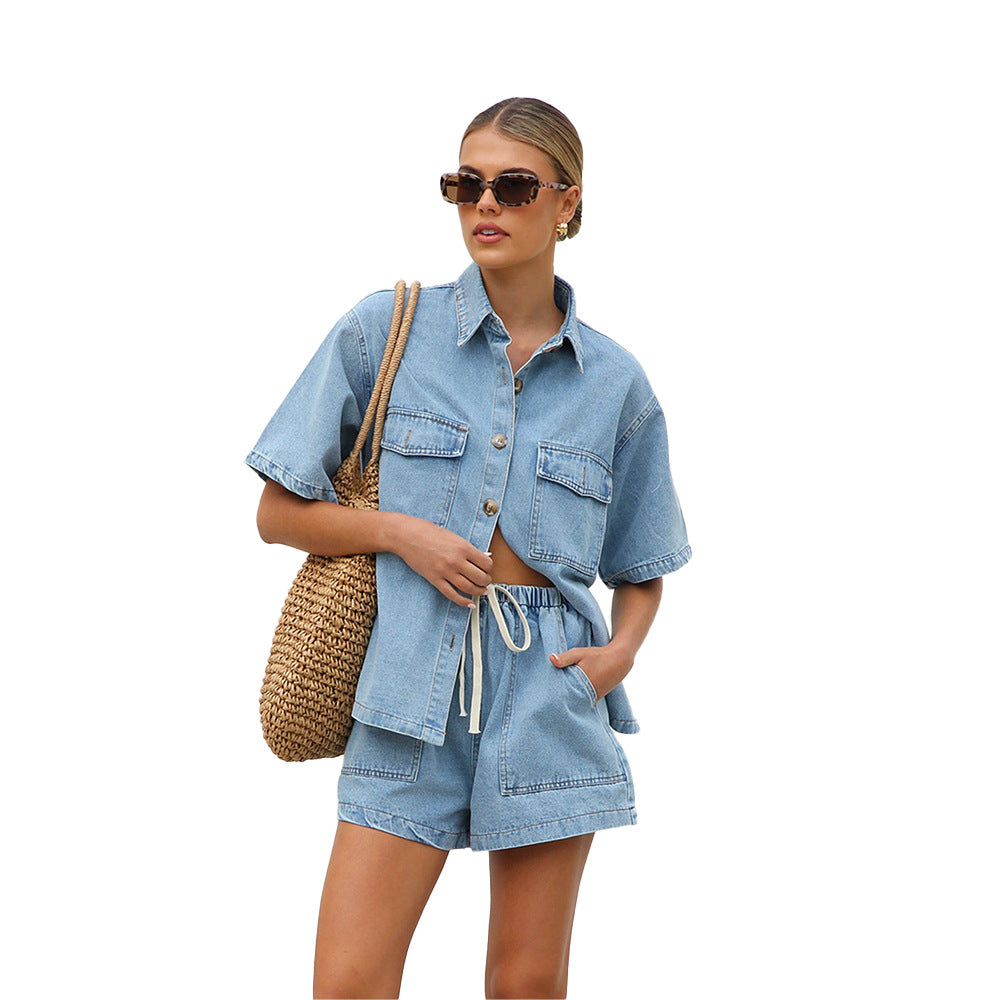 Women's Summer Short-Sleeve Blouse and Matching Shorts Set