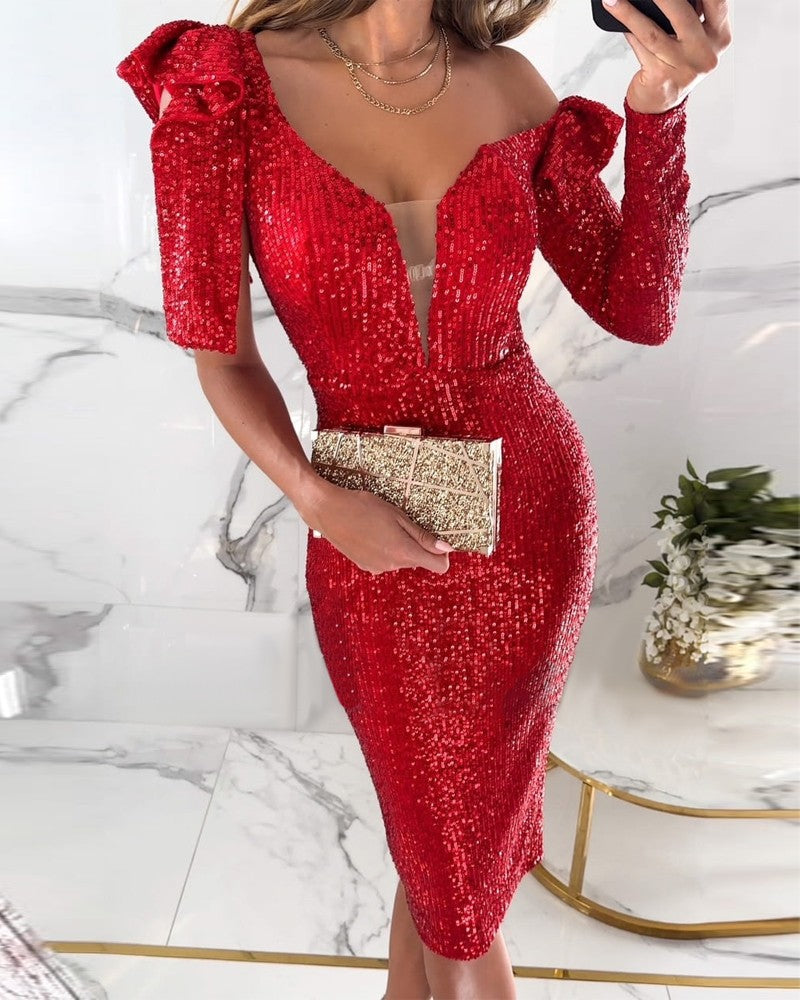 Elegant Sequin Dress for Women Short Cocktail Dress Sexy V-Neck