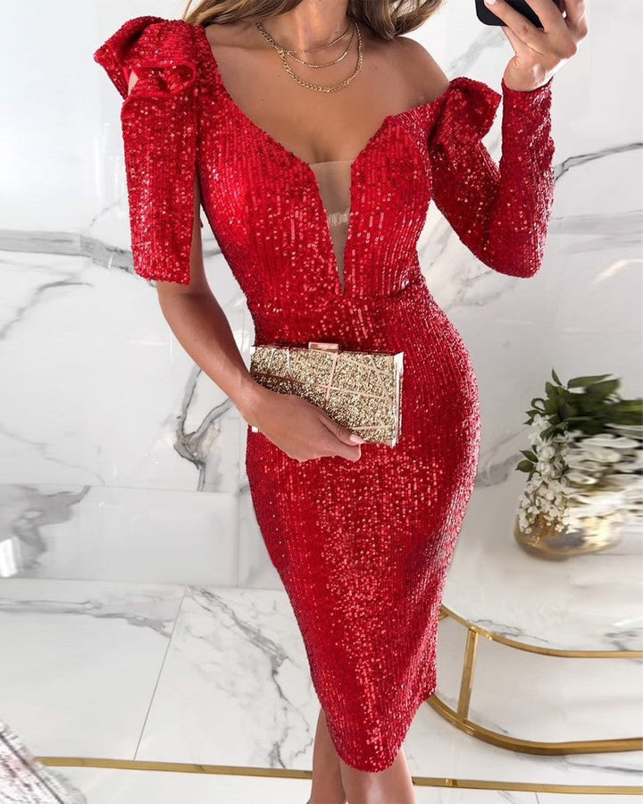 Elegant Sequin Dress for Women Short Cocktail Dress Sexy V-Neck