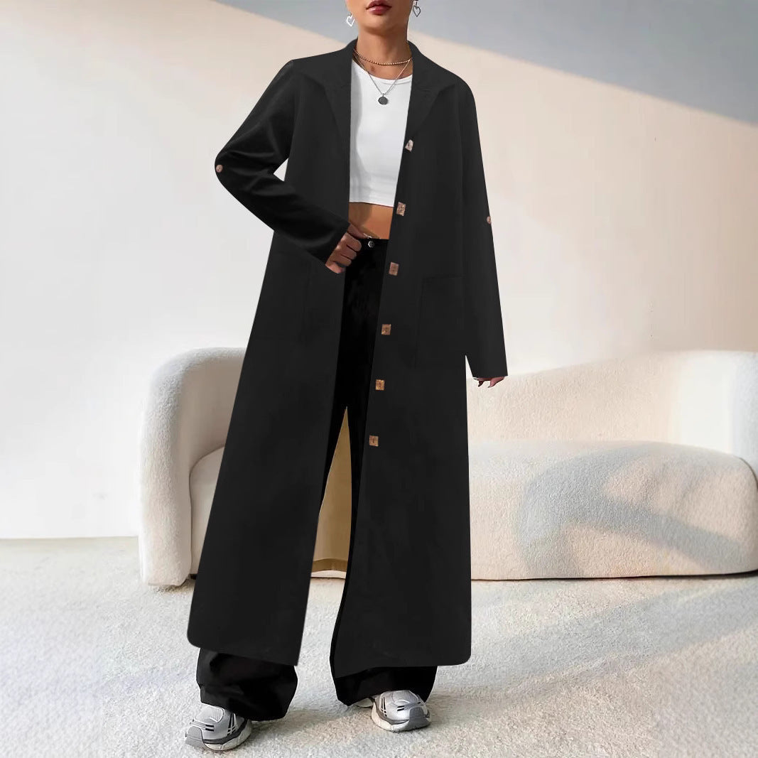 Women's Long Elegant Coat with Pockets and Buttons