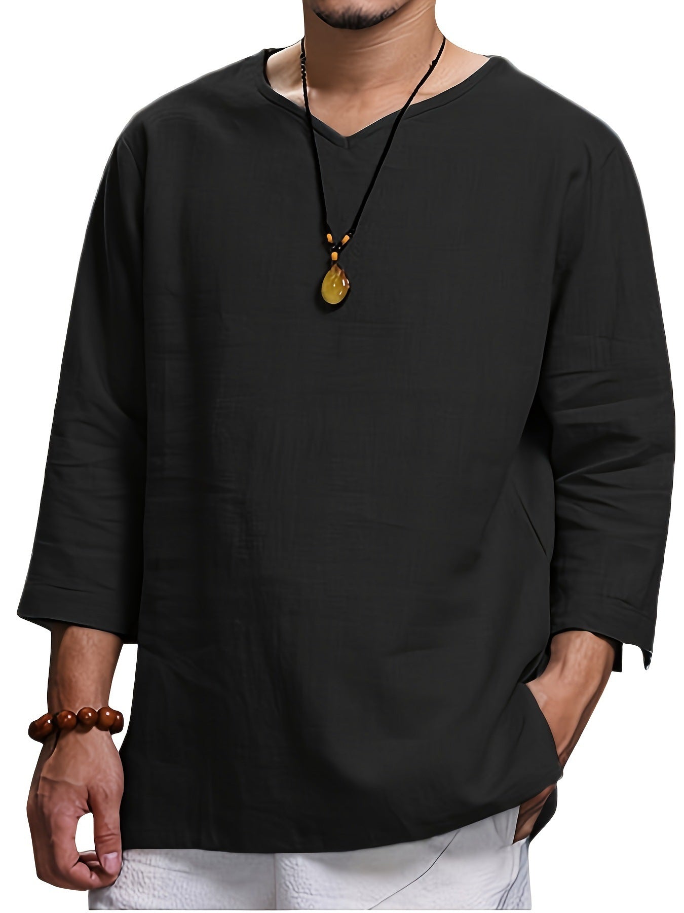 Men's Long-Sleeve Shirt Relaxed Fit V-Neck