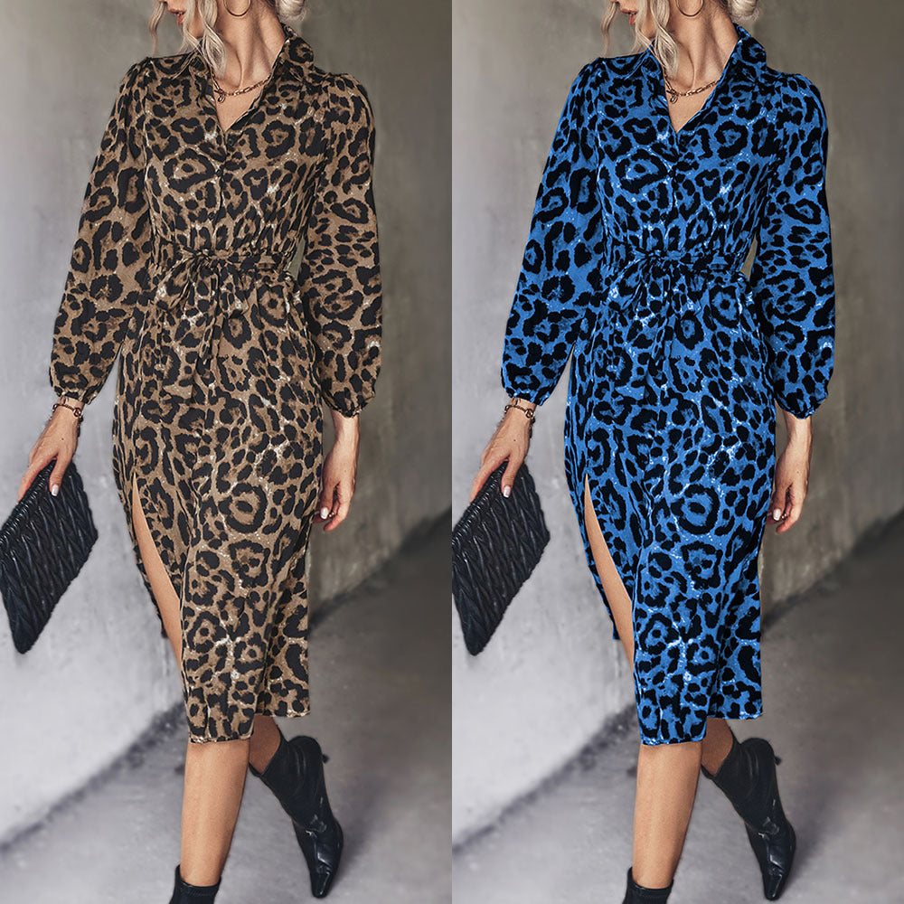 Damen Leopardenkleid Midi Elegant Schlitz Design - IdealeKleiden