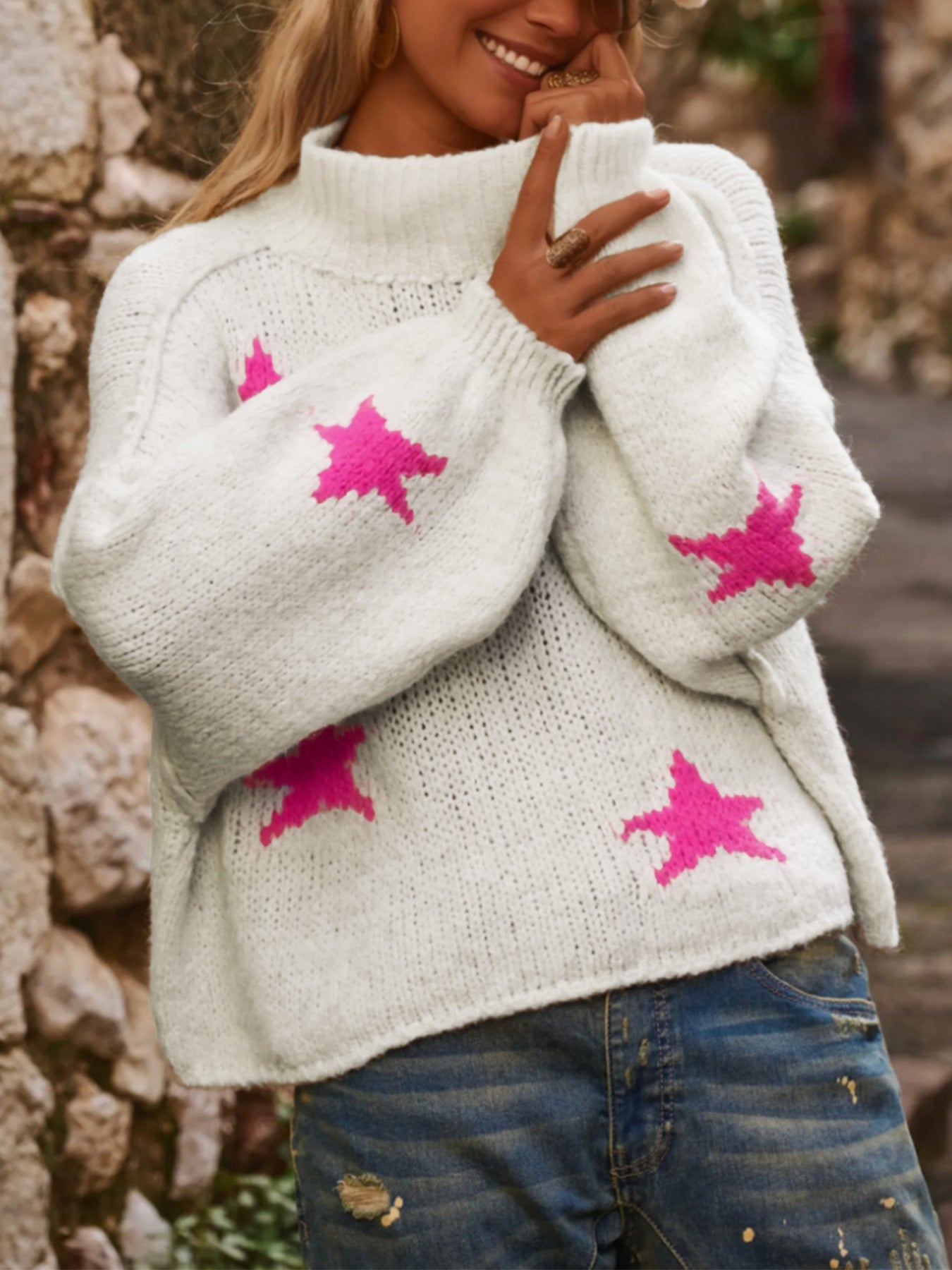 Women's Roll Neck Jumper Star Pattern Trendy