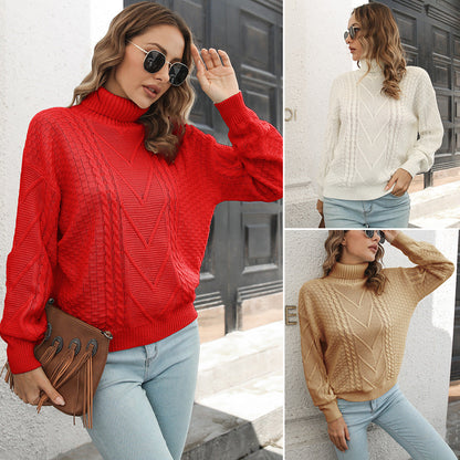 Damen Strickpullover Zopfmuster Rollkragen Elegante Damenkleidung - IdealeKleiden