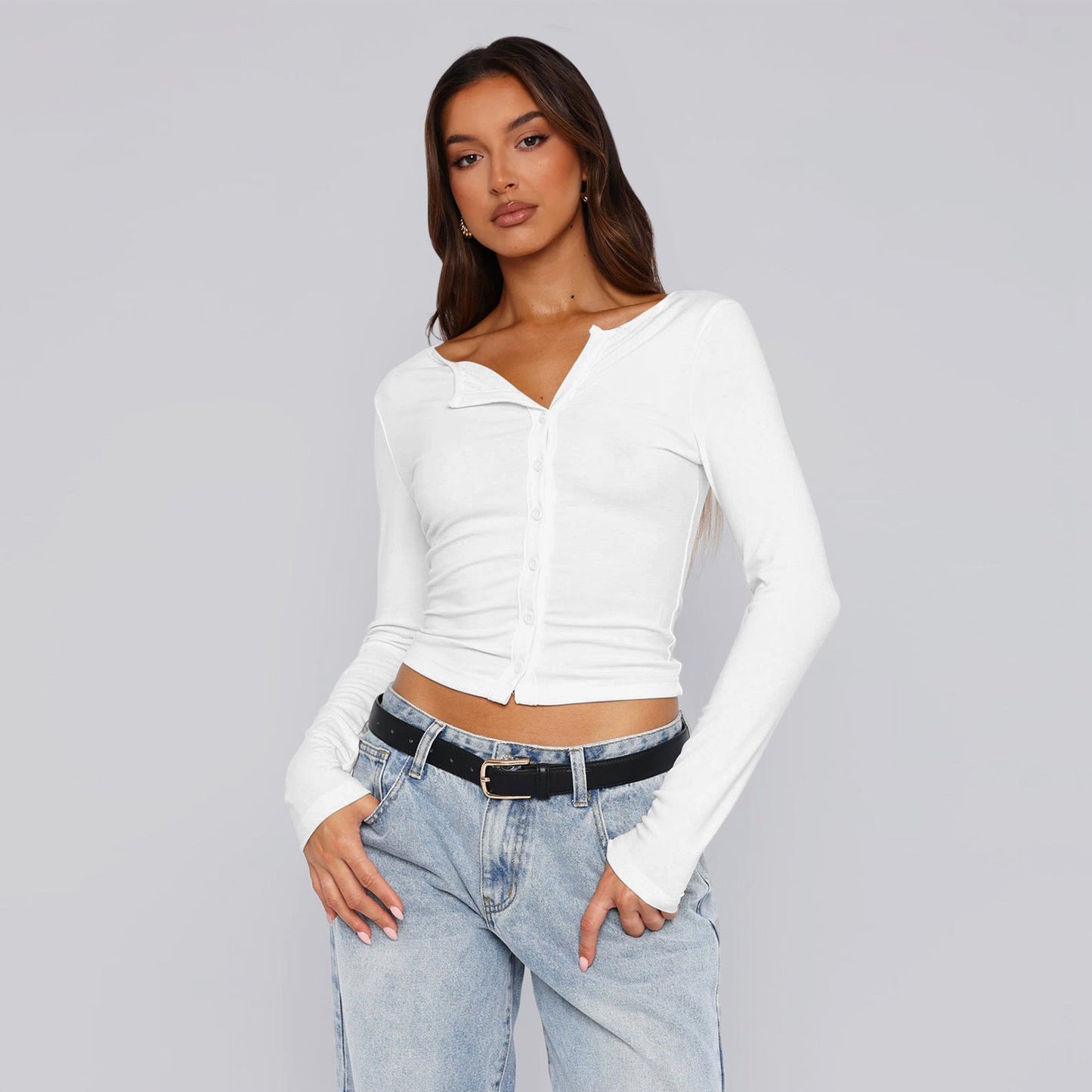 Women's Long-Sleeve Shirt Figure-Hugging Elegant Buttons