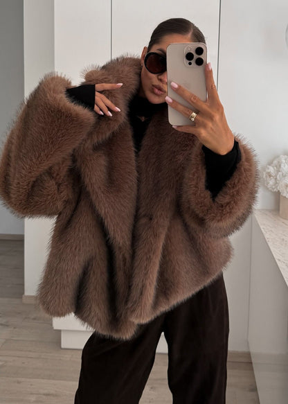 Elegant Faux Fur Parka Oak Brown