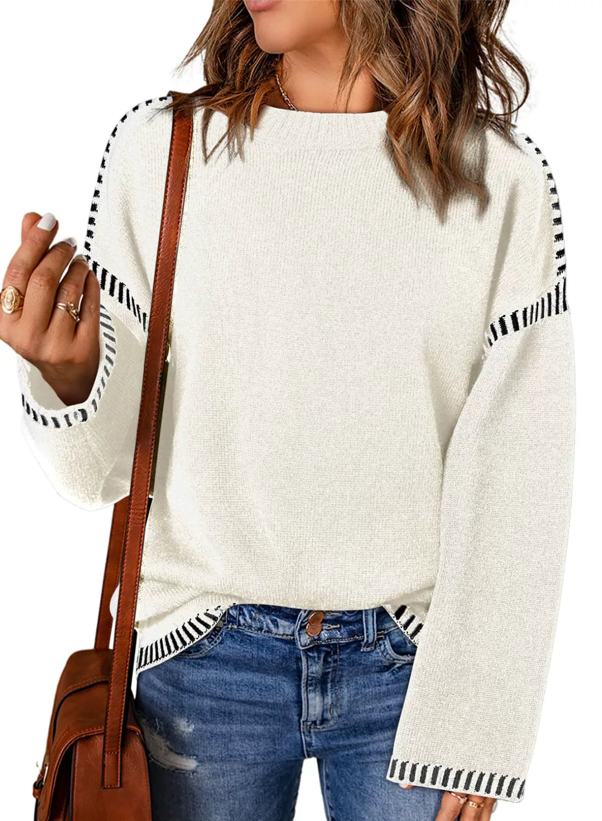 Loose Women's Clothing Round Neck Cable Knit Long Sleeve Stripes