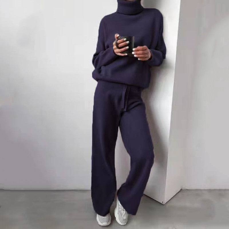 Women's Elegant High-Neck Knitted Wide-Leg Suit