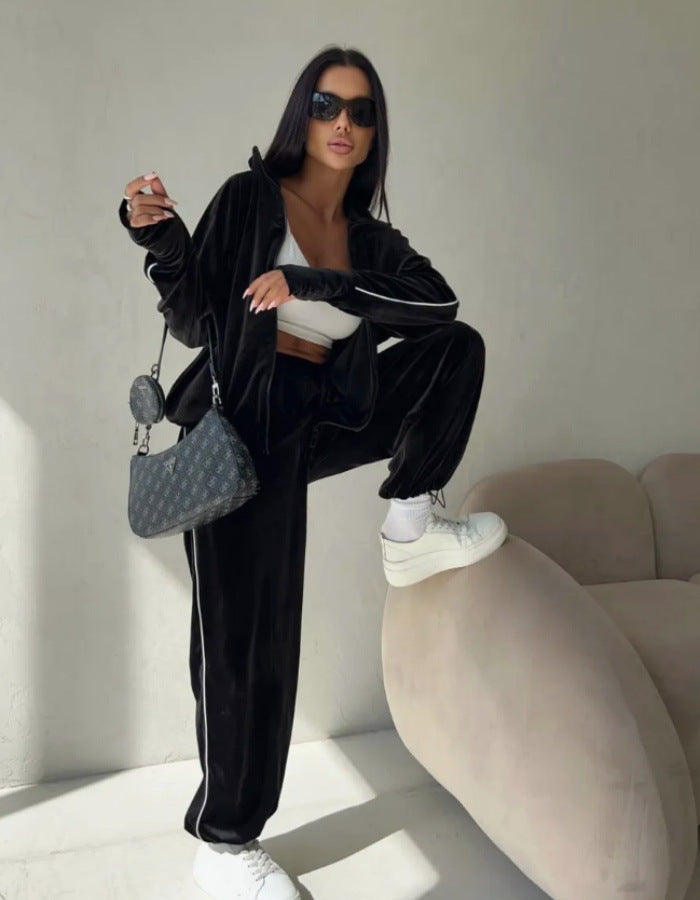 Damen Velour-Lounge-Set Sportlich Streifen Design