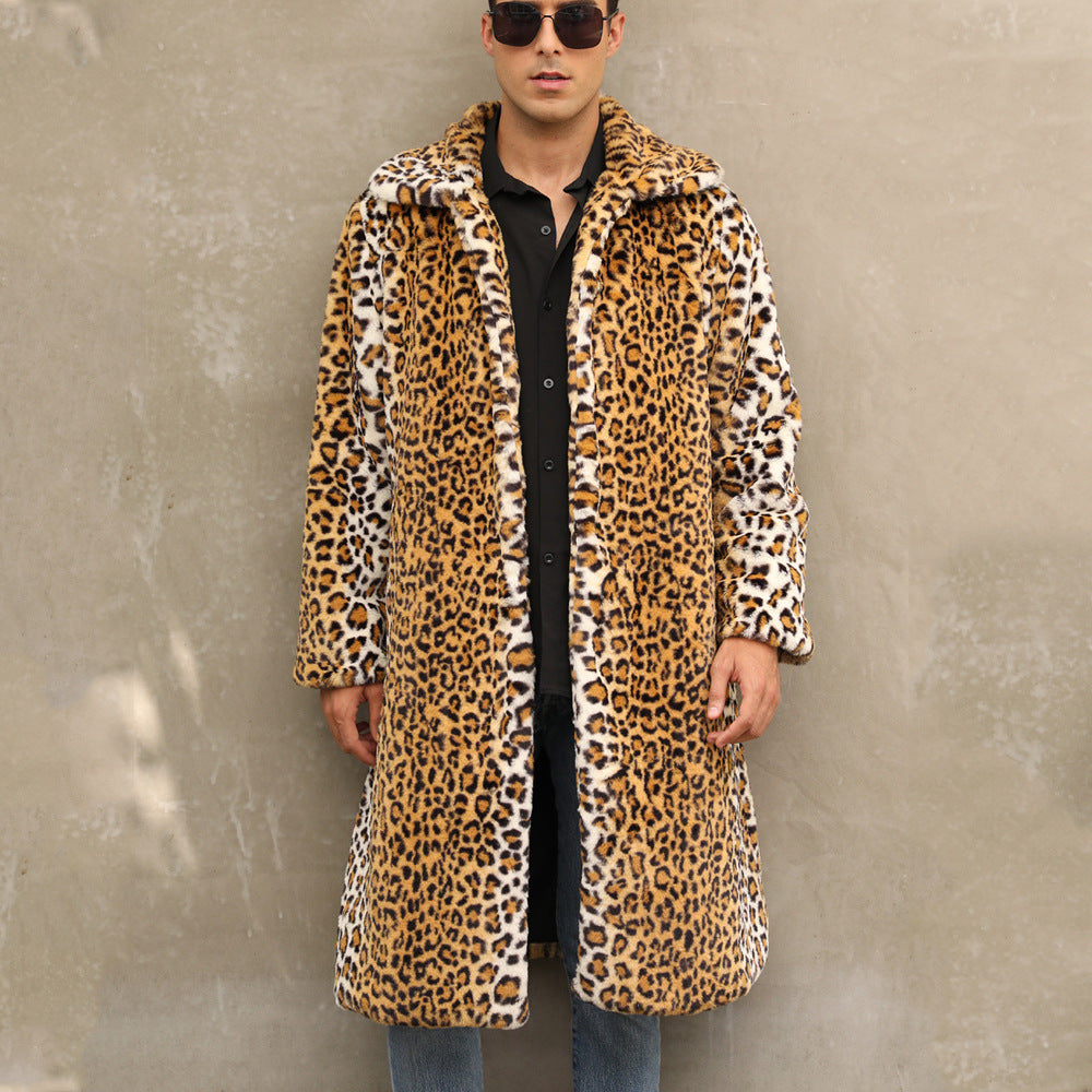 Men's Faux Fur Coat Leopard Print Elegant Black