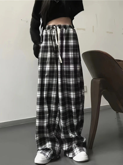 Women's Leisure Trousers Checked Elastic Comfortable