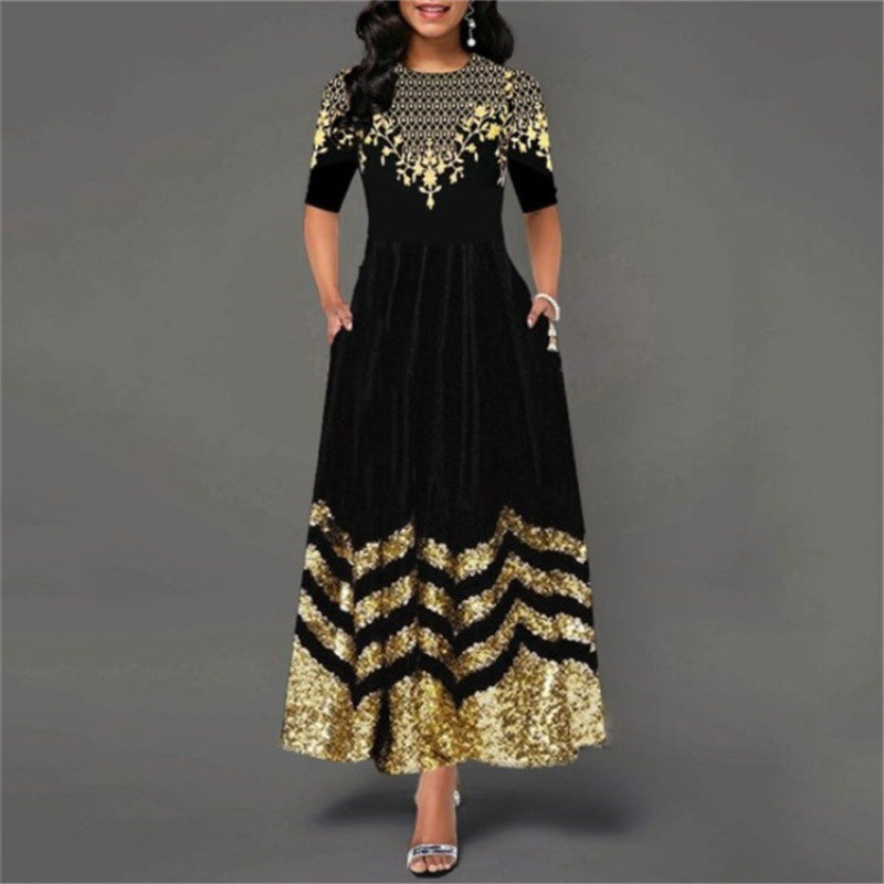 Damen Maxikleid Elegant Gold Muster Sommerkleid - IdealeKleiden