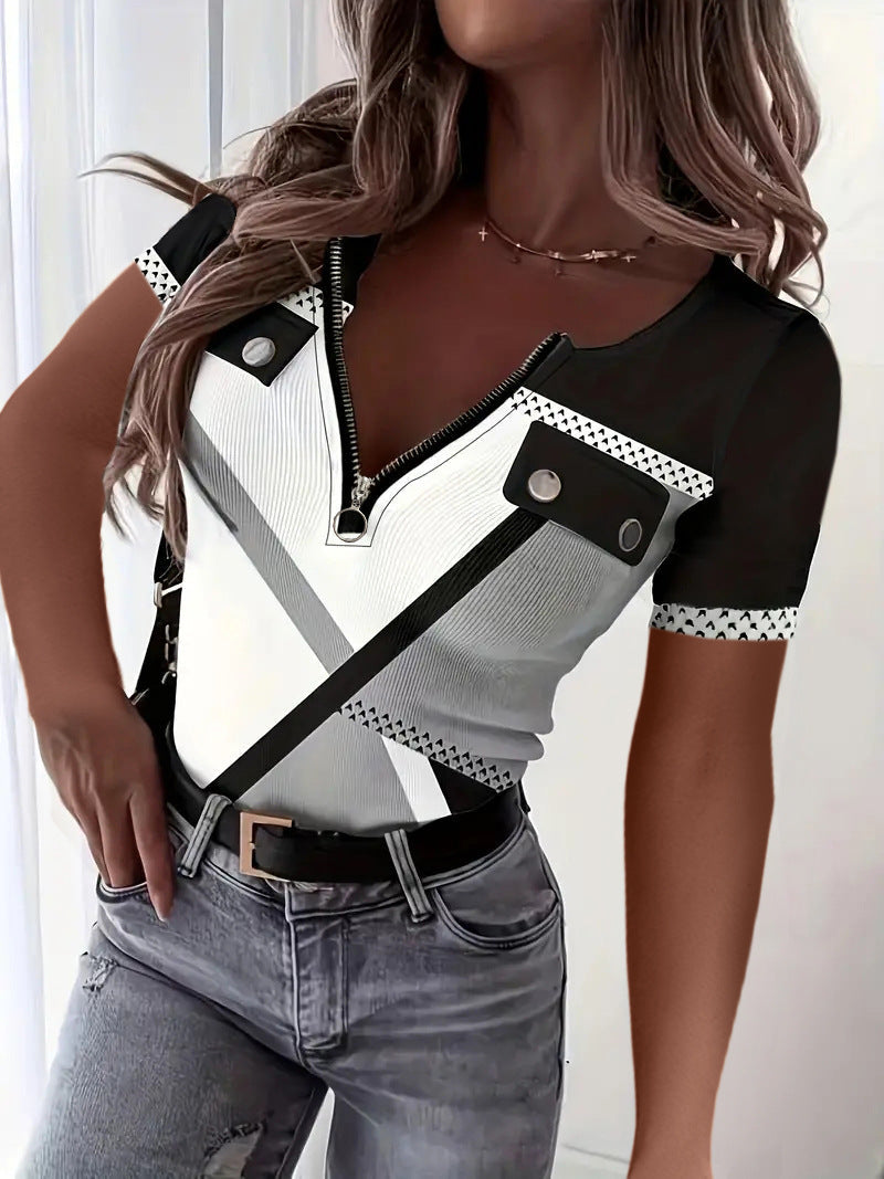 Damen Sporttop Kurzarm mit Reißverschluss und Deko-Bändchen