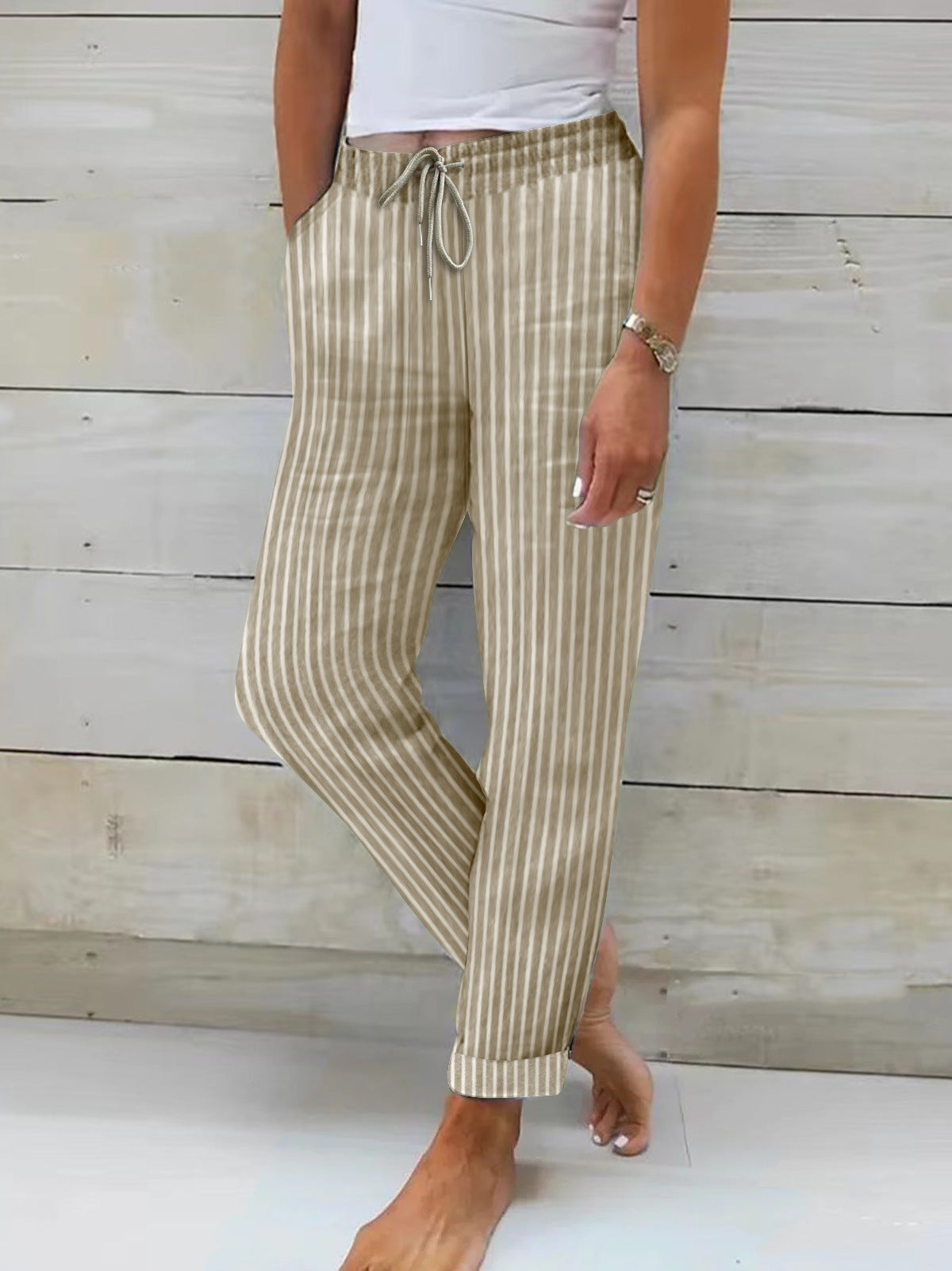 Women's Comfortable Cotton Trousers Striped Pattern Flexible Waistband