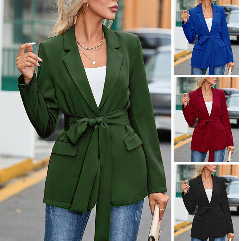 Damen Blazer Elegant Mit Taillengürtel und Taschen - IdealeKleiden