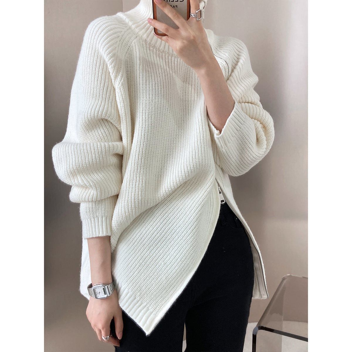 Oversized Knitted Jumper Wool Blend High Collar Zip
