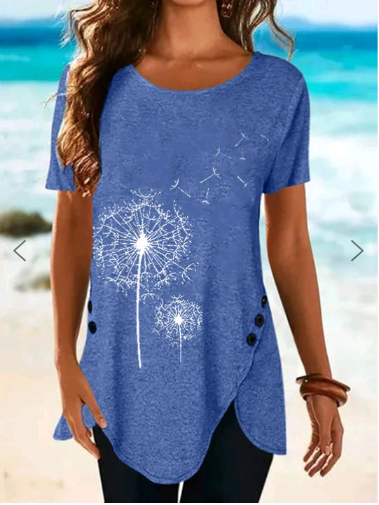 Women's Short-Sleeved Asymmetrical Dandelion Print Top