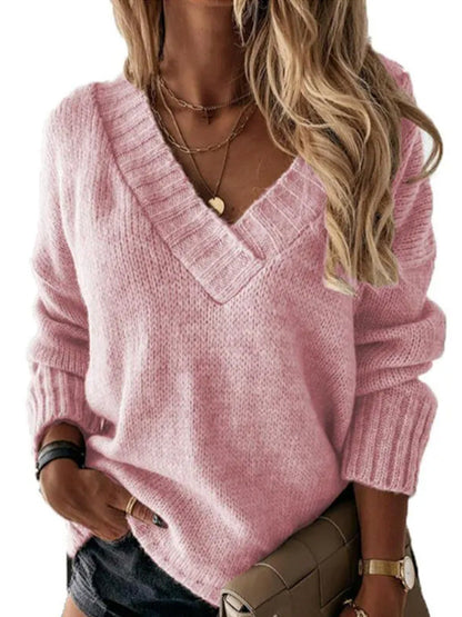 Women's V-Neck Sweater Knit Look Elegant Fashion