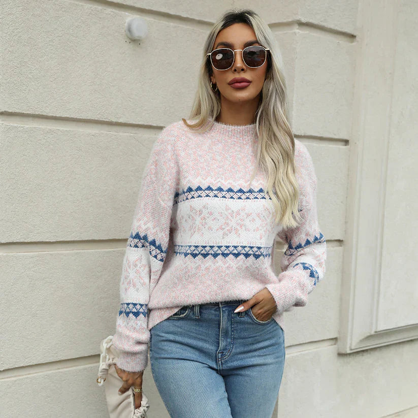 Oversized Knit Sweater Fair Isle Pattern Stand-Up Collar