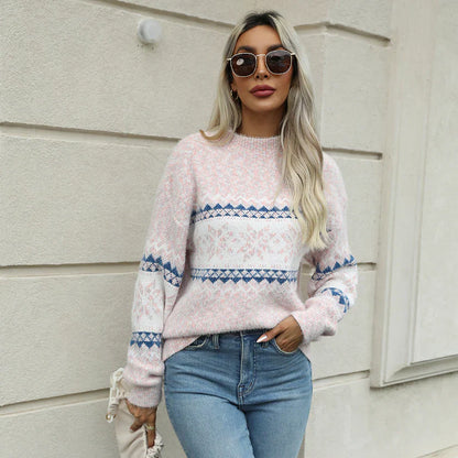 Oversized Knit Sweater Fair Isle Pattern Stand-Up Collar
