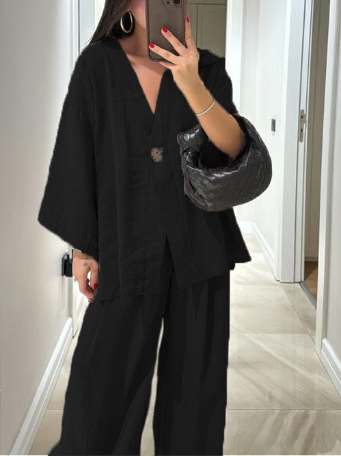 Elegant Dress Set: Loose Blouse and High-Waisted Trousers