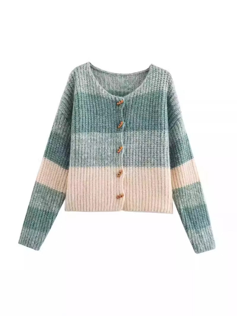 Women's Cardigan Elastic Ribbed Pattern Wooden Buttons Elegant Design