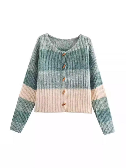 Women's Cardigan Elastic Ribbed Pattern Wooden Buttons Elegant Design