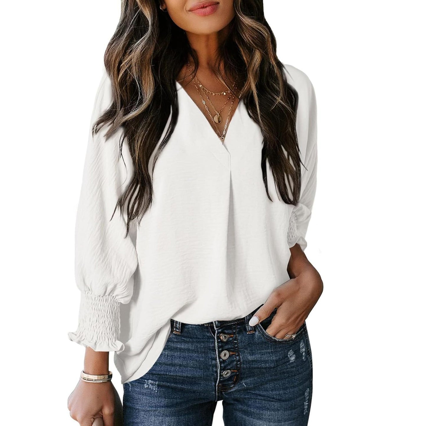 Women's Blouse V-Neck Ruffle Details Elegant