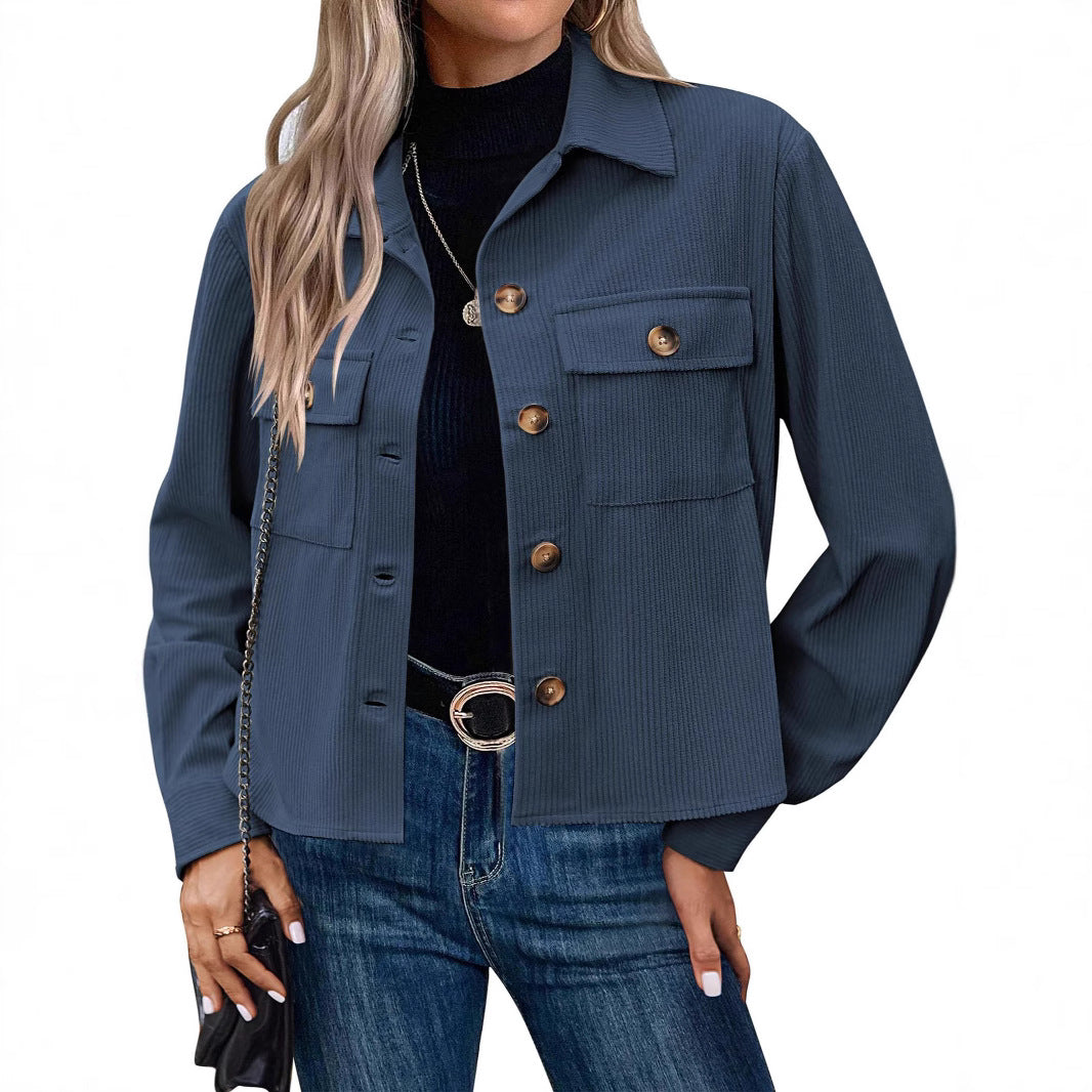 Damen Cordjacke Modern Zweitaschen Design - IdealeKleiden