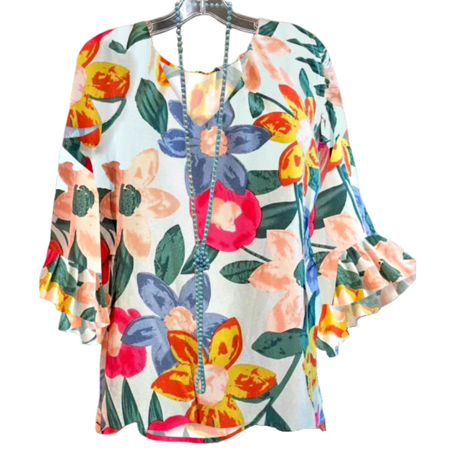 Damen Bluse Floralmuster Rüschen Chic - IdealeKleiden