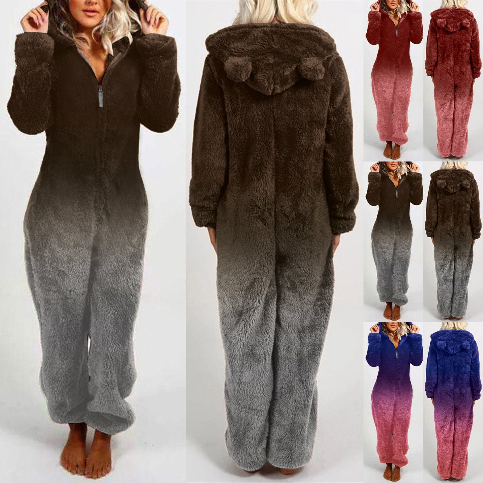 Damen Fleece-Overall Kapuze Farbverlauf Trendy - IdealeKleiden
