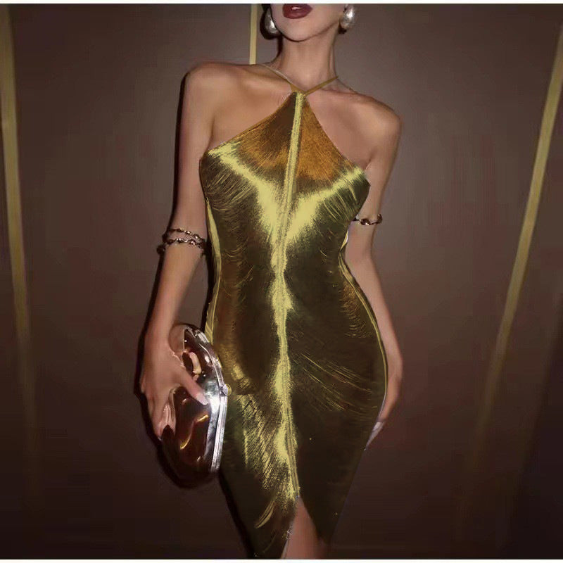Women's Elegant Gold Slit Party Dress with Plunging Neckline