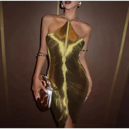 Women's Elegant Gold Slit Party Dress with Plunging Neckline