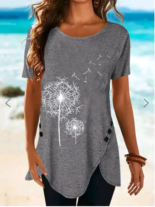 Damen Top Kurzarm Asymmetrisch Dandelion Print - IdealeKleiden