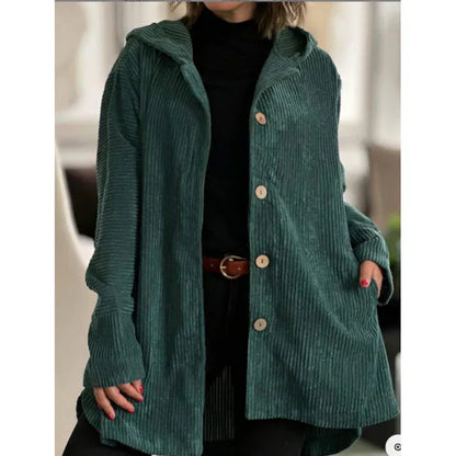 Cordjacke Damen Kapuze Knöpfe Midlength