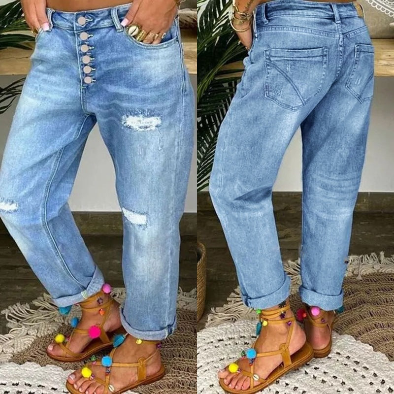 Damen Boyfriend Jeans Relaxed Fit mit Knöpfen - IdealeKleiden