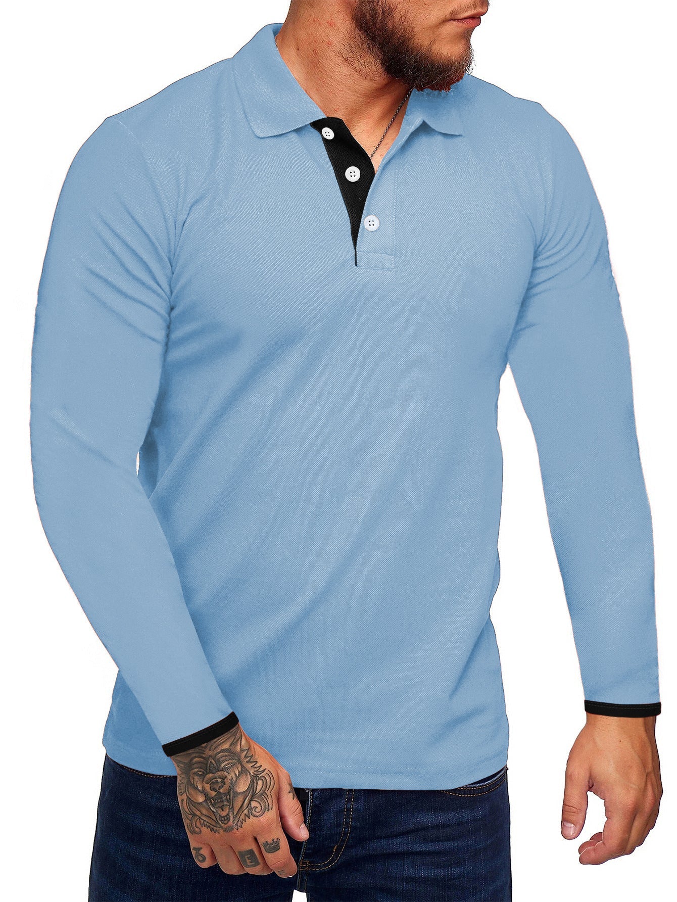 Men's Long-Sleeve Polo Shirt Modern Contrast Buttons