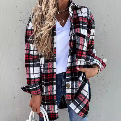 Oversized Wool Coat Plaid Pattern Button Closure