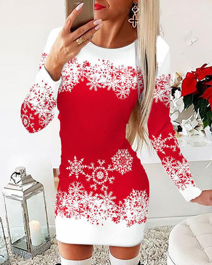 Christmas Dress Women Long Sleeve Snowflakes Elegant