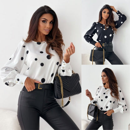 Damen Bluse Elegantes Design mit Volant und Punkte Muster - IdealeKleiden