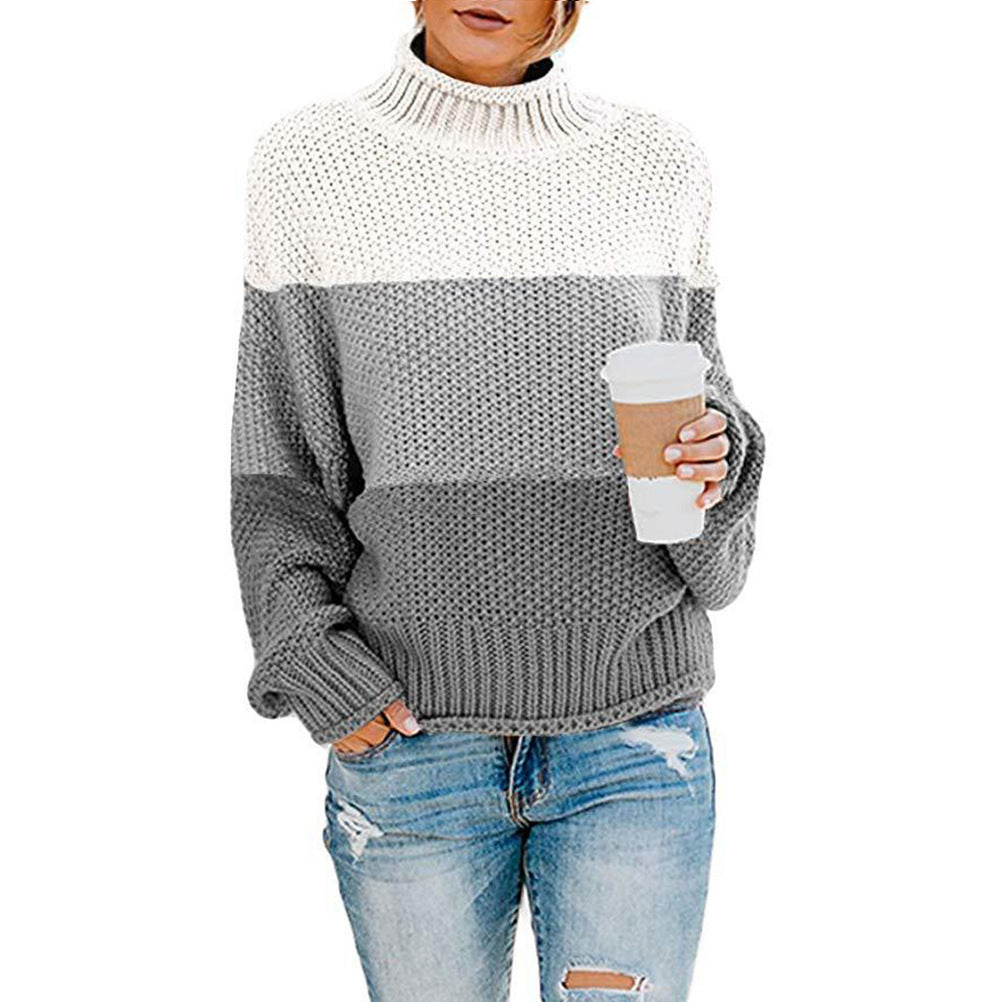 Women's Sweater Chunky Knit High Collar Modern Color Block