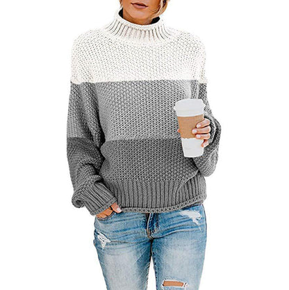 Women's Sweater Chunky Knit High Collar Modern Color Block