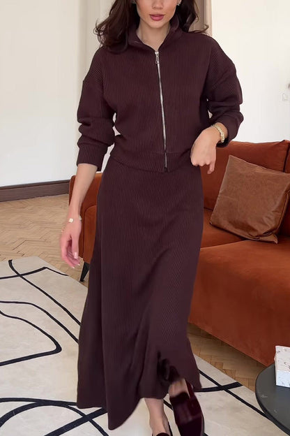 Knitted Zip-Up Top and Maxi Skirt Two-Piece Set