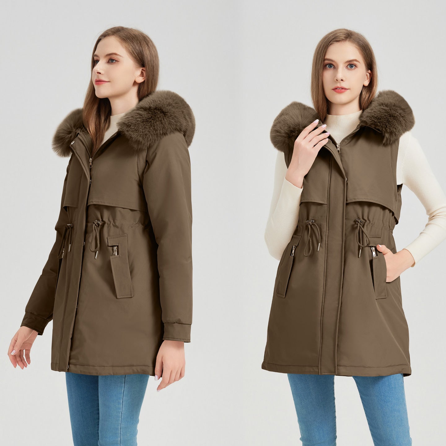 Damen Winterparka Abnehmbarer Fellkragen Slim Fit