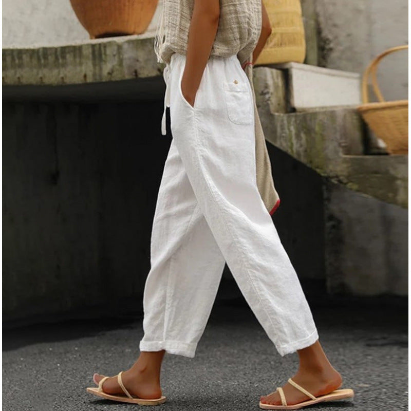 Women's Linen Trousers Comfortable Elastic with Pockets